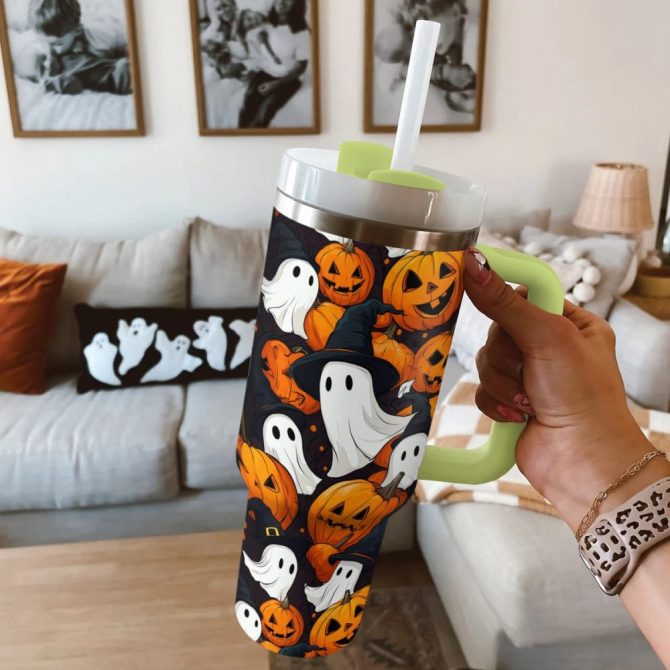 Halloween Pumpkin Ghosts Custom Stanley Quencher 40Oz Stainless Steel Tumbler With Handle - Image 3
