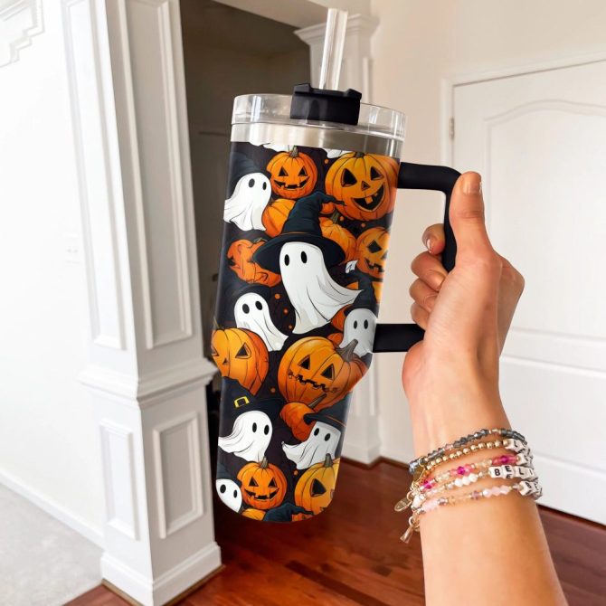 Halloween Pumpkin Ghosts Custom Stanley Quencher 40Oz Stainless Steel Tumbler With Handle - Image 5