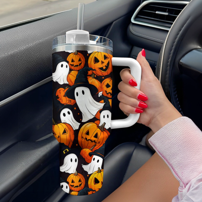 Halloween Pumpkin Ghosts Custom Stanley Quencher 40Oz Stainless Steel Tumbler With Handle - Image 2