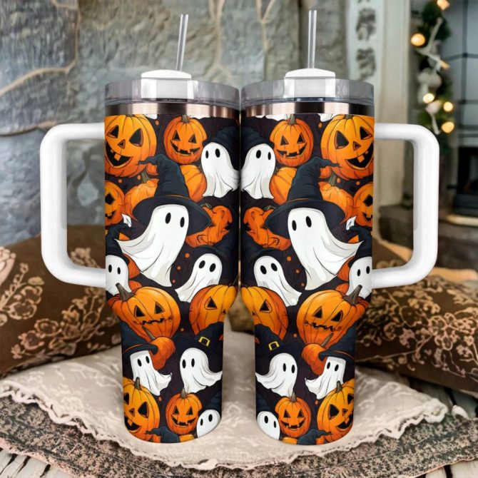 Halloween Pumpkin Ghosts Custom Stanley Quencher 40Oz Stainless Steel Tumbler With Handle - Image 4