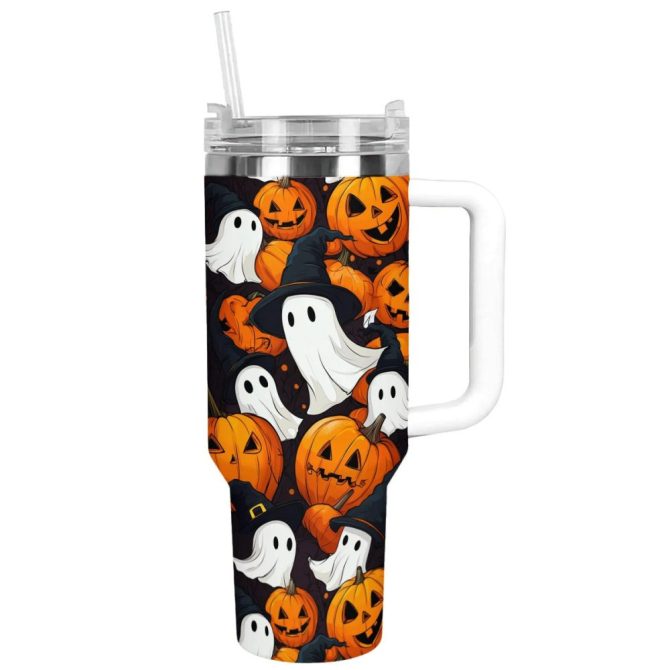Halloween Pumpkin Ghosts Custom Stanley Quencher 40Oz Stainless Steel Tumbler With Handle - Image 13