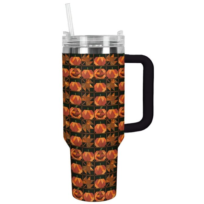 Halloween Pumpkin Patchwork Custom Stanley Quencher 40Oz Stainless Steel Tumbler With Handle - Image 10