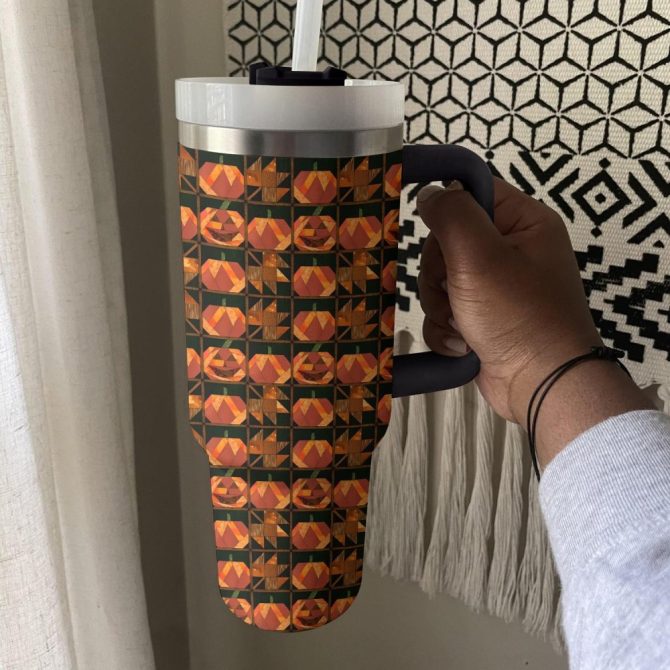 Halloween Pumpkin Patchwork Custom Stanley Quencher 40Oz Stainless Steel Tumbler With Handle - Image 3