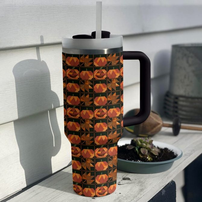 Halloween Pumpkin Patchwork Custom Stanley Quencher 40Oz Stainless Steel Tumbler With Handle - Image 2