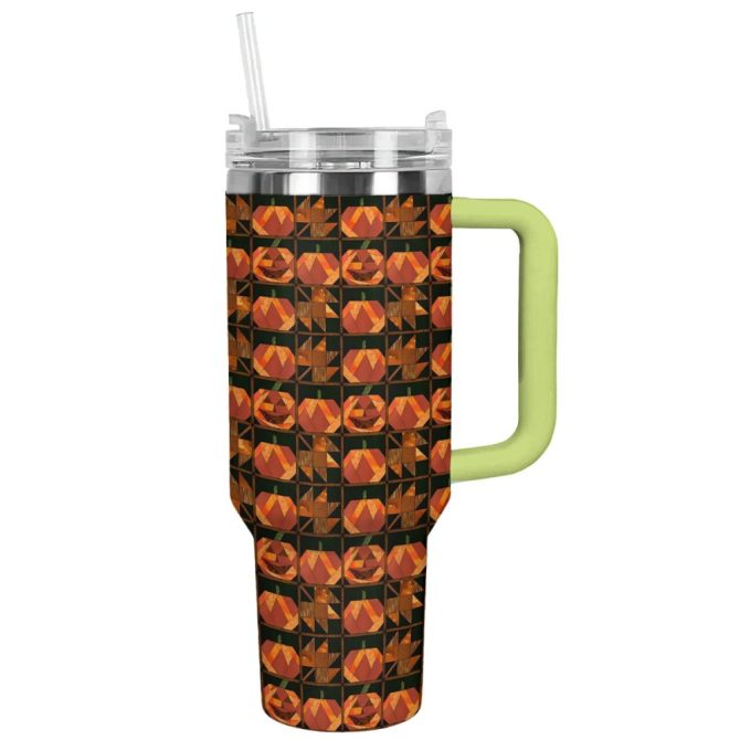 Halloween Pumpkin Patchwork Custom Stanley Quencher 40Oz Stainless Steel Tumbler With Handle