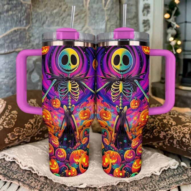 Halloween Pumpkin Skull Custom Stanley Quencher 40Oz Stainless Steel Tumbler With Handle - Image 2