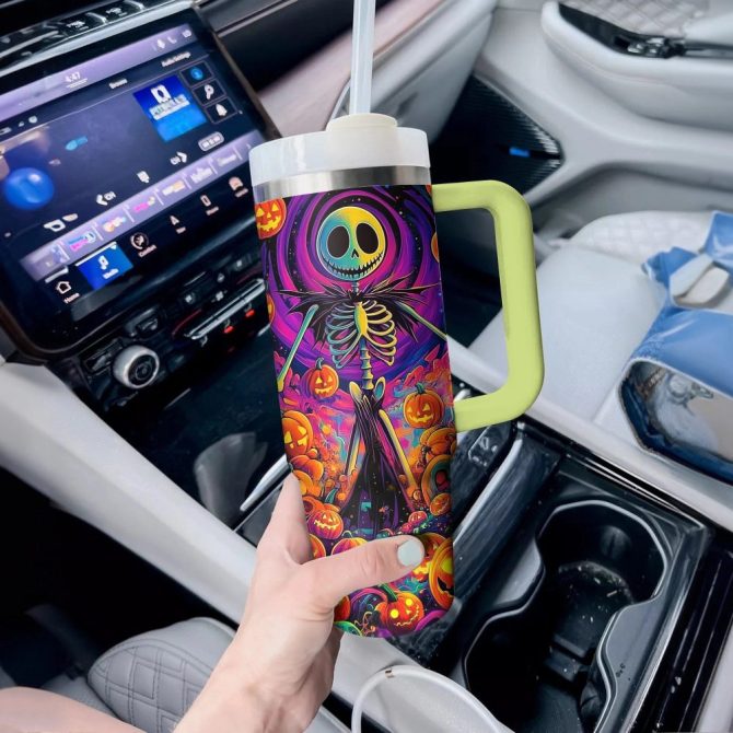 Halloween Pumpkin Skull Custom Stanley Quencher 40Oz Stainless Steel Tumbler With Handle - Image 4