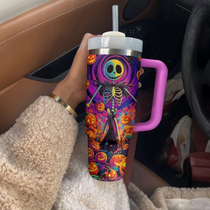 Halloween Pumpkin Skull Custom Stanley Quencher 40Oz Stainless Steel Tumbler With Handle - Image 5