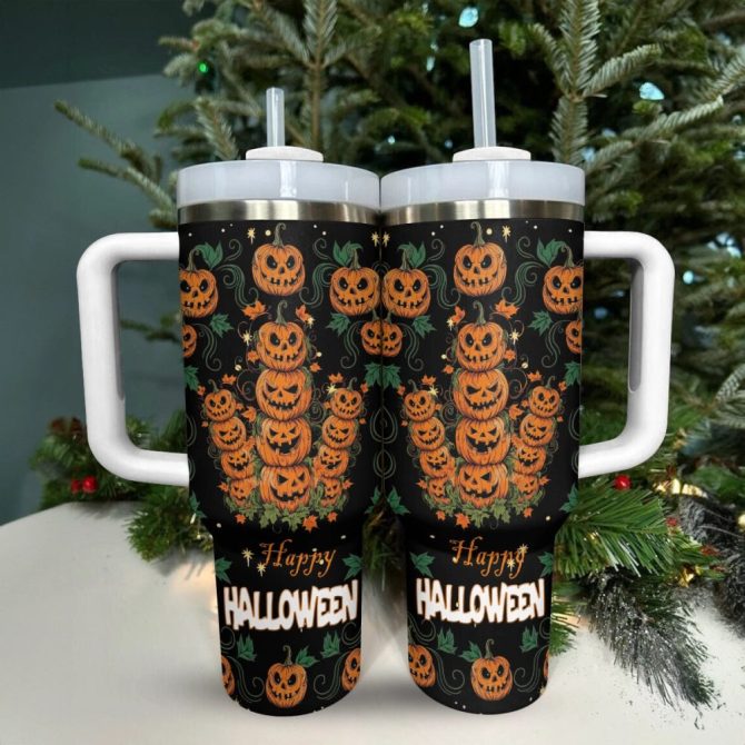 Halloween Pumpkin Stack Custom Stanley Quencher 40Oz Stainless Steel Tumbler With Handle - Image 3