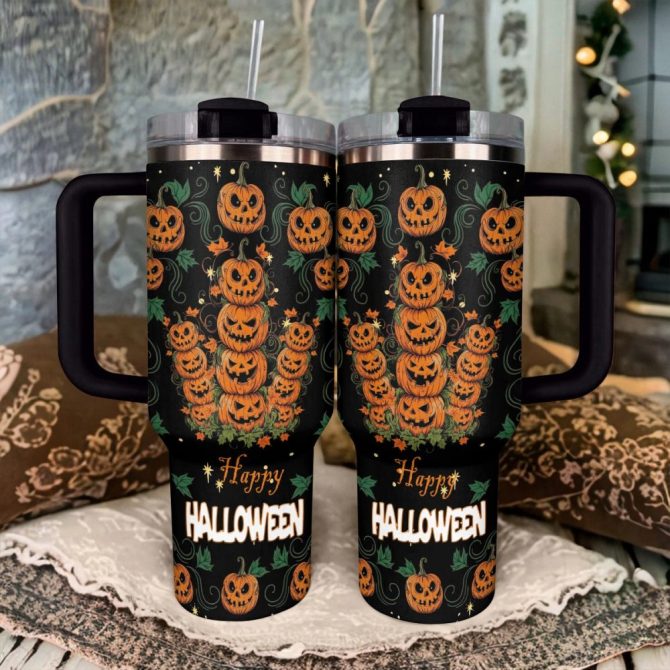 Halloween Pumpkin Stack Custom Stanley Quencher 40Oz Stainless Steel Tumbler With Handle - Image 2