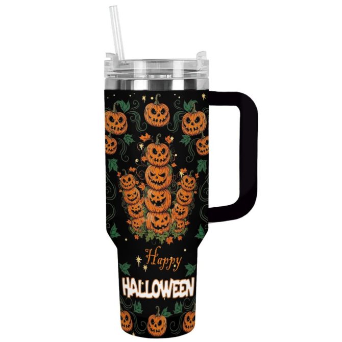 Halloween Pumpkin Stack Custom Stanley Quencher 40Oz Stainless Steel Tumbler With Handle