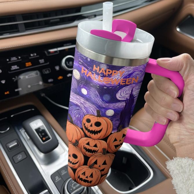 Halloween Pumpkin Starry Night Custom Stanley Quencher 40Oz Stainless Steel Tumbler With Handle - Image 3