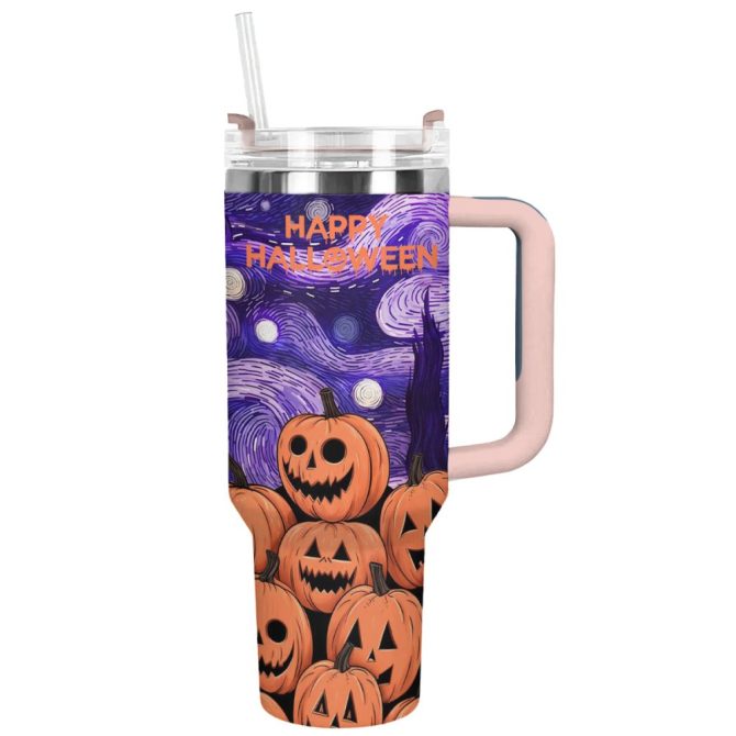 Halloween Pumpkin Starry Night Custom Stanley Quencher 40Oz Stainless Steel Tumbler With Handle - Image 7