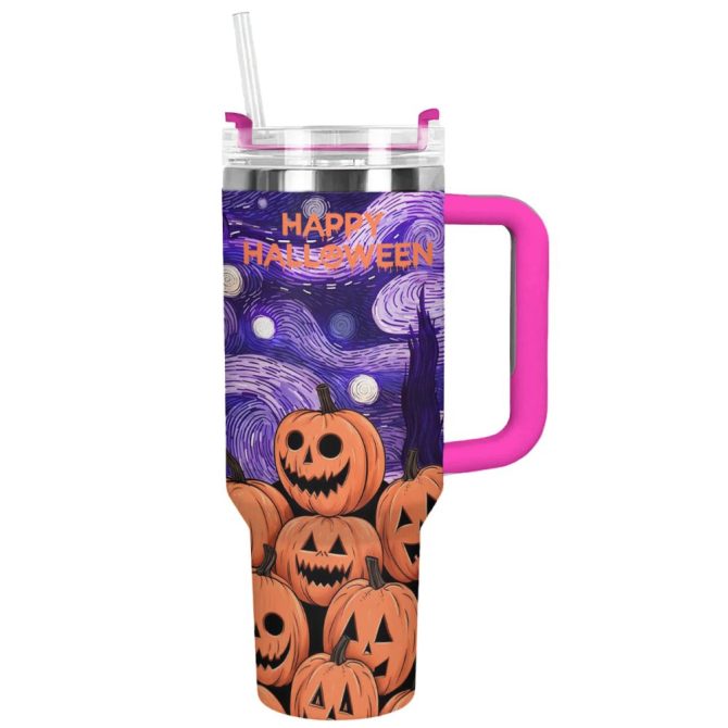 Halloween Pumpkin Starry Night Custom Stanley Quencher 40Oz Stainless Steel Tumbler With Handle - Image 6
