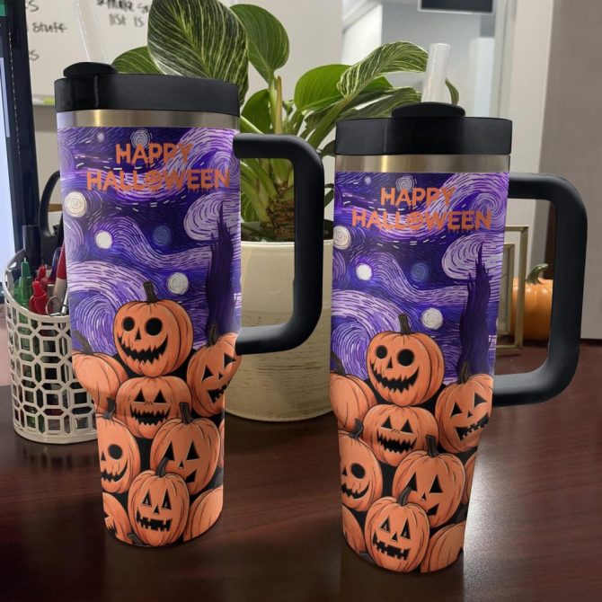 Halloween Pumpkin Starry Night Custom Stanley Quencher 40Oz Stainless Steel Tumbler With Handle - Image 2