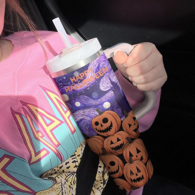 Halloween Pumpkin Starry Night Custom Stanley Quencher 40Oz Stainless Steel Tumbler With Handle - Image 4