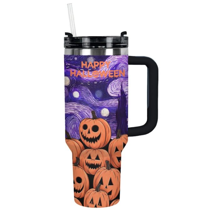 Halloween Pumpkin Starry Night Custom Stanley Quencher 40Oz Stainless Steel Tumbler With Handle - Image 5