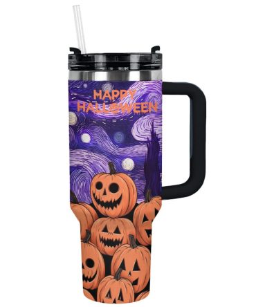 Halloween Pumpkin Starry Night Custom Stanley Quencher 40Oz Stainless Steel Tumbler With Handle