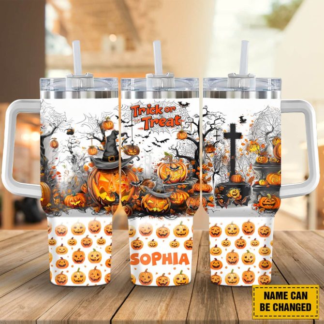Halloween Pumpkin Trick Or Treat Custom Stanley Quencher 40Oz Stainless Steel Tumbler With Handle - Image 2