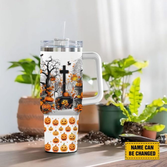 Halloween Pumpkin Trick Or Treat Custom Stanley Quencher 40Oz Stainless Steel Tumbler With Handle - Image 3
