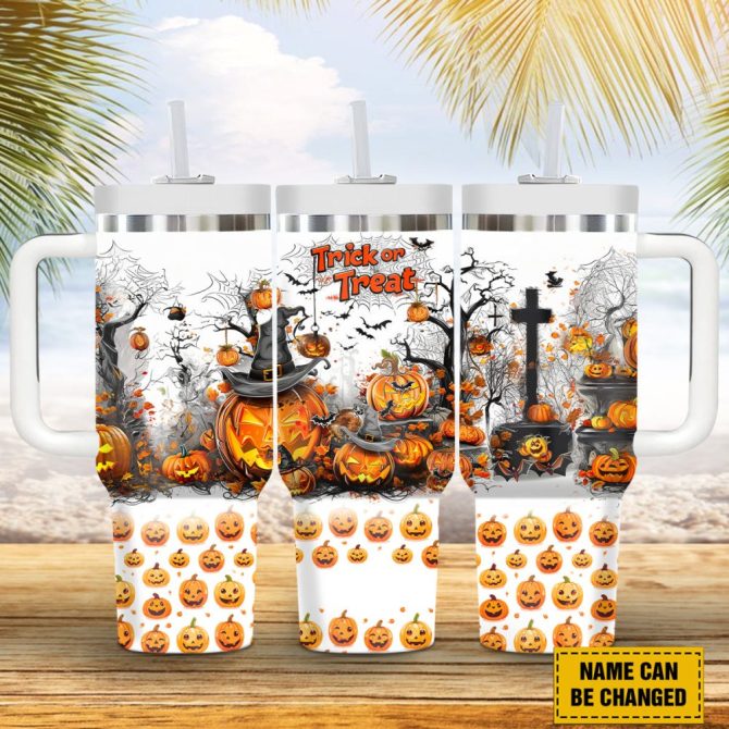 Halloween Pumpkin Trick Or Treat Custom Stanley Quencher 40Oz Stainless Steel Tumbler With Handle - Image 11