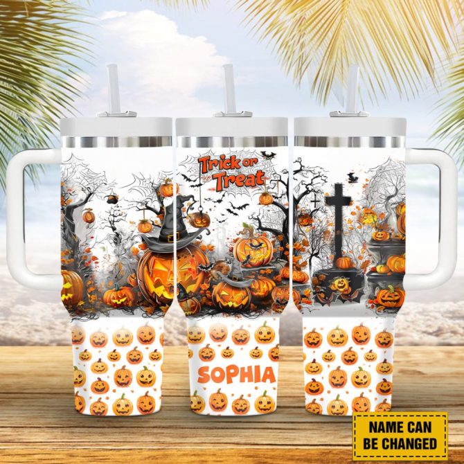 Halloween Pumpkin Trick Or Treat Custom Stanley Quencher 40Oz Stainless Steel Tumbler With Handle