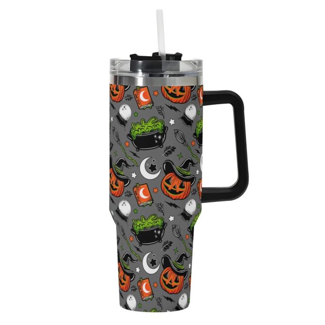 Halloween Pumpkin Witch Custom Stanley Quencher 40Oz Stainless Steel Tumbler With Handle - Image 2
