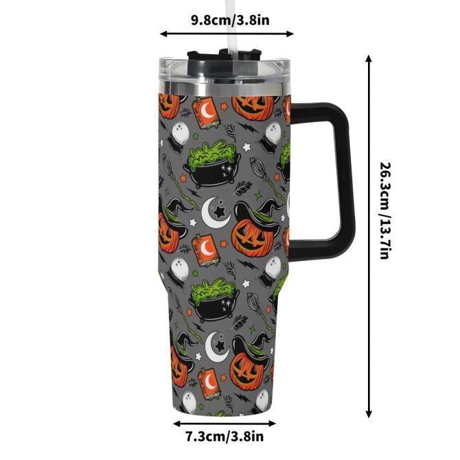 Halloween Pumpkin Witch Custom Stanley Quencher 40Oz Stainless Steel Tumbler With Handle - Image 6