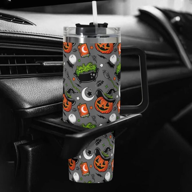 Halloween Pumpkin Witch Custom Stanley Quencher 40Oz Stainless Steel Tumbler With Handle - Image 5
