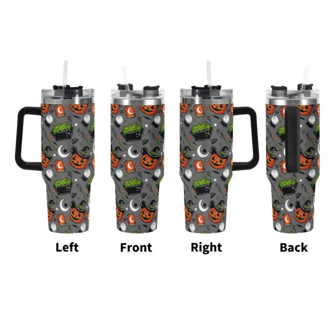 Halloween Pumpkin Witch Custom Stanley Quencher 40Oz Stainless Steel Tumbler With Handle - Image 3