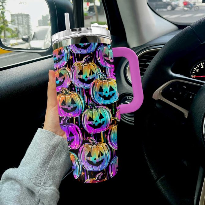 Halloween Pumpkins Custom Stanley Quencher 40Oz Stainless Steel Tumbler With Handle - Image 3