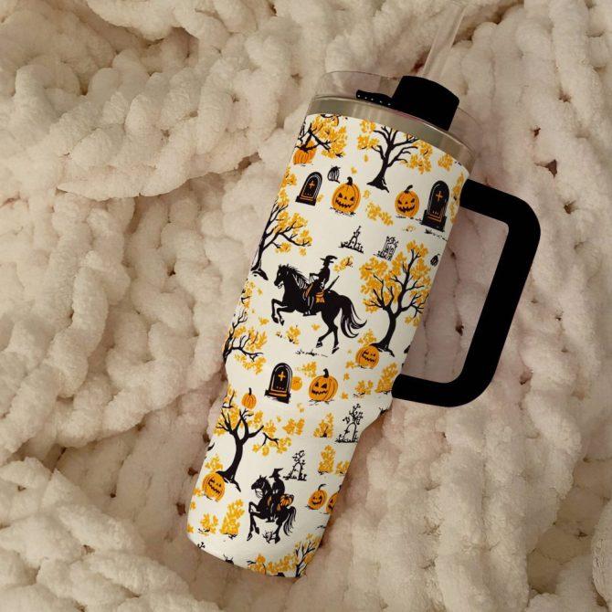 Halloween Riding Pumpkins Custom Stanley Quencher 40Oz Stainless Steel Tumbler With Handle - Image 2