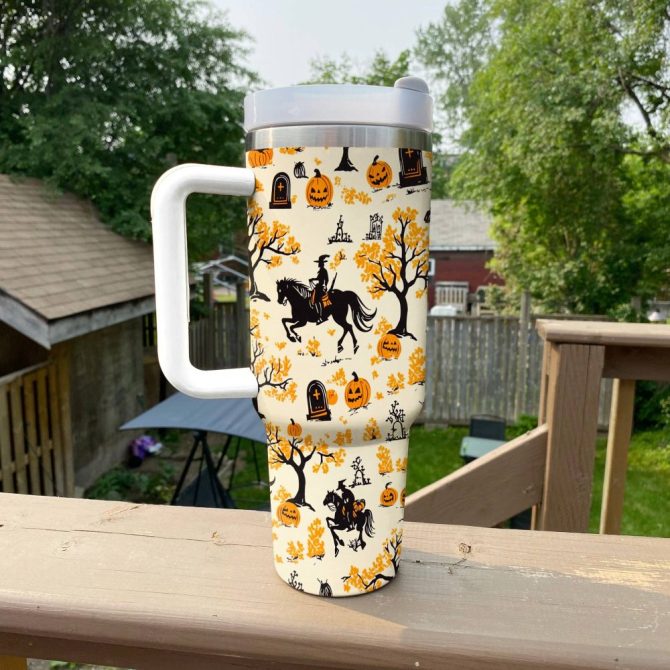 Halloween Riding Pumpkins Custom Stanley Quencher 40Oz Stainless Steel Tumbler With Handle - Image 3
