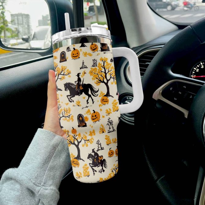 Halloween Riding Pumpkins Custom Stanley Quencher 40Oz Stainless Steel Tumbler With Handle - Image 4