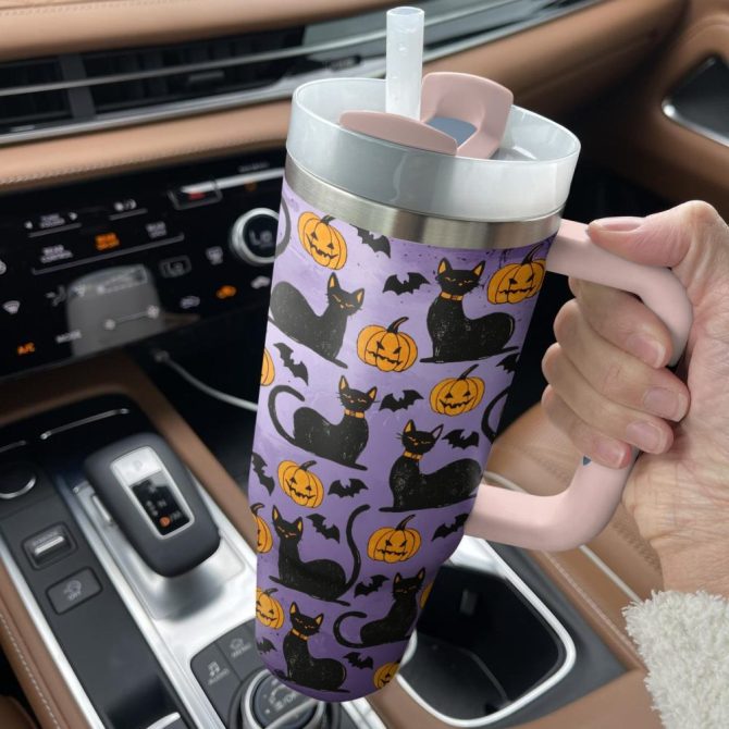 Halloween Shadowed Feline Pumpkins Custom Stanley Quencher 40Oz Stainless Steel Tumbler With Handle - Image 4