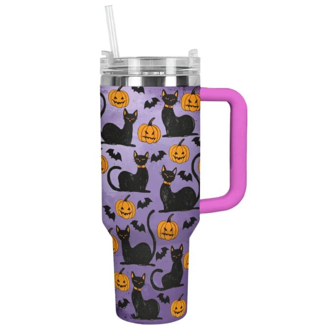 Halloween Shadowed Feline Pumpkins Custom Stanley Quencher 40Oz Stainless Steel Tumbler With Handle - Image 6