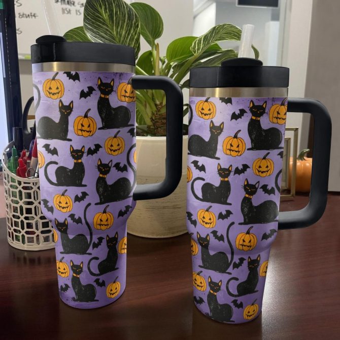 Halloween Shadowed Feline Pumpkins Custom Stanley Quencher 40Oz Stainless Steel Tumbler With Handle - Image 2