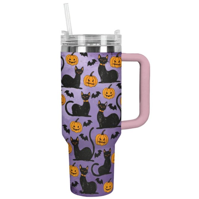 Halloween Shadowed Feline Pumpkins Custom Stanley Quencher 40Oz Stainless Steel Tumbler With Handle - Image 7
