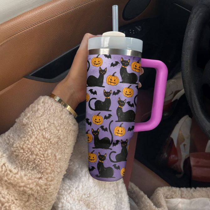 Halloween Shadowed Feline Pumpkins Custom Stanley Quencher 40Oz Stainless Steel Tumbler With Handle - Image 3