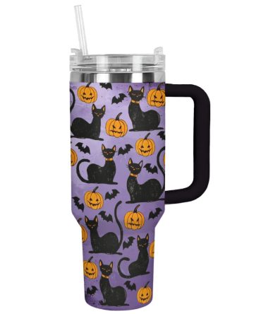 Halloween Shadowed Feline Pumpkins Custom Stanley Quencher 40Oz Stainless Steel Tumbler With Handle
