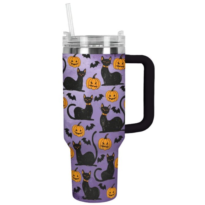 Halloween Shadowed Feline Pumpkins Custom Stanley Quencher 40Oz Stainless Steel Tumbler With Handle
