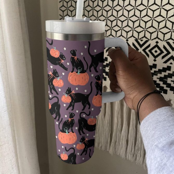 Halloween Spooky Cat Pumpkin Custom Stanley Quencher 40Oz Stainless Steel Tumbler With Handle - Image 4