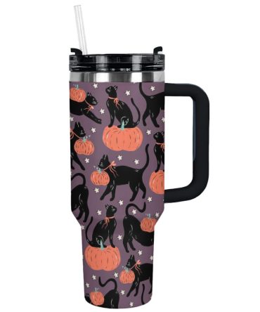 Halloween Spooky Cat Pumpkin Custom Stanley Quencher 40Oz Stainless Steel Tumbler With Handle