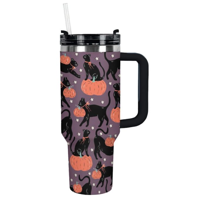 Halloween Spooky Cat Pumpkin Custom Stanley Quencher 40Oz Stainless Steel Tumbler With Handle