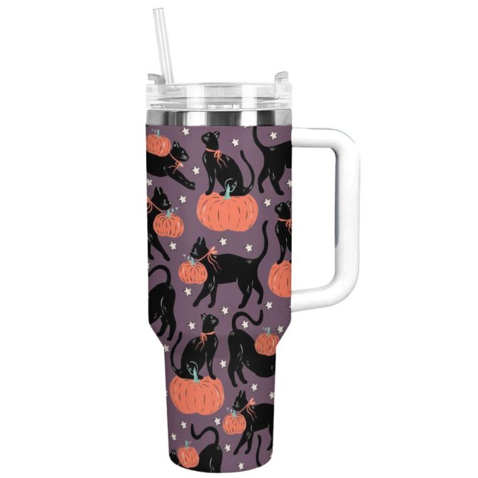 Halloween Spooky Cat Pumpkin Custom Stanley Quencher 40Oz Stainless Steel Tumbler With Handle - Image 7