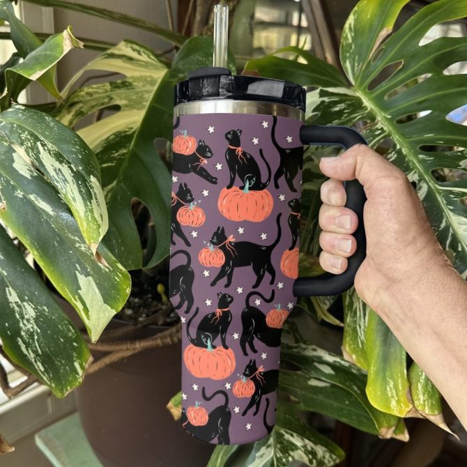 Halloween Spooky Cat Pumpkin Custom Stanley Quencher 40Oz Stainless Steel Tumbler With Handle - Image 2
