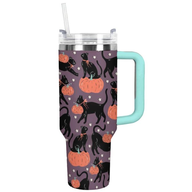 Halloween Spooky Cat Pumpkin Custom Stanley Quencher 40Oz Stainless Steel Tumbler With Handle - Image 6