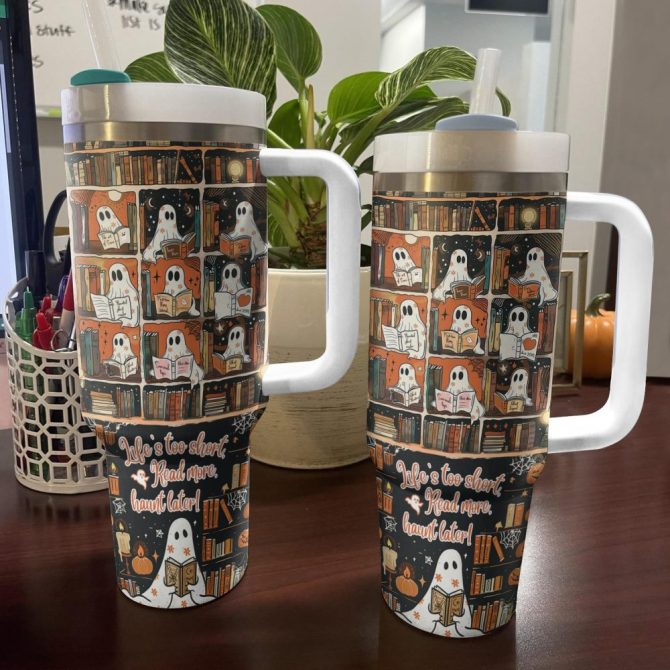 Halloween Spooky Ghost Readers Custom Stanley Quencher 40Oz Stainless Steel Tumbler With Handle - Image 3