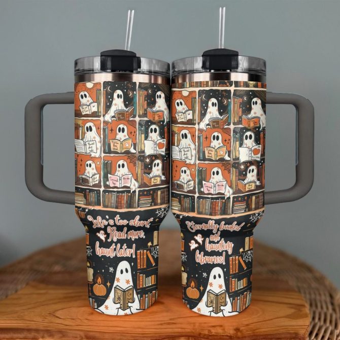Halloween Spooky Ghost Readers Custom Stanley Quencher 40Oz Stainless Steel Tumbler With Handle - Image 5