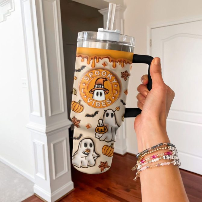 Halloween Spooky Glossy Custom Stanley Quencher 40Oz Stainless Steel Tumbler With Handle - Image 4